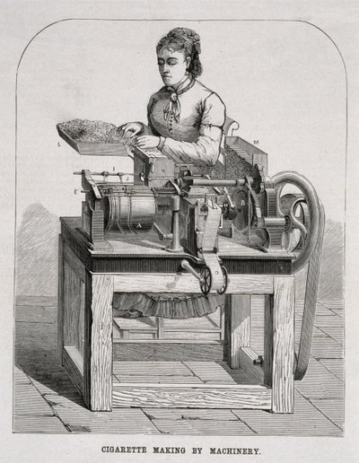 A woman operating a French cigarette-rolling machine, 1878 by American School